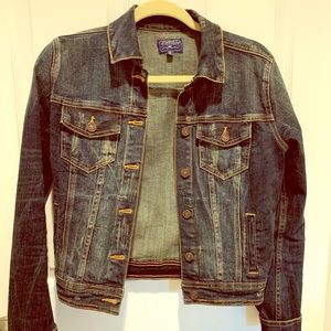 Distressed dark wash jean jacket